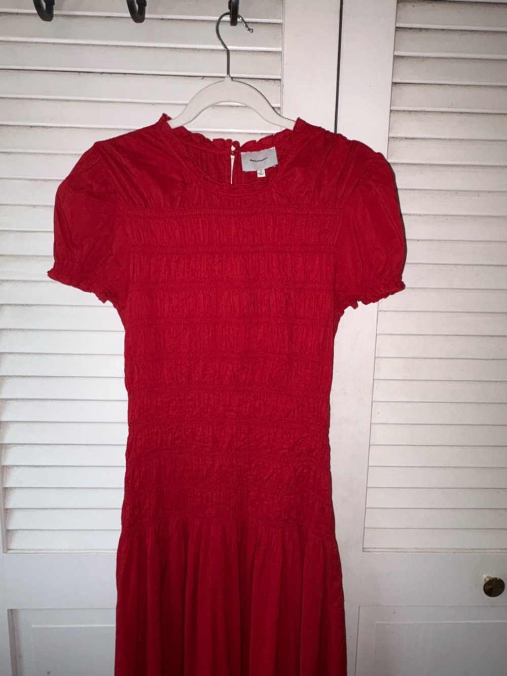 Reformation Kiria Smocked Midi Dress Red Puff Sleeve Lined Romantic Size 12 - Picture 6 of 9